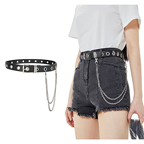 Apparel-Grommet Leather Belt with Detachable Chain