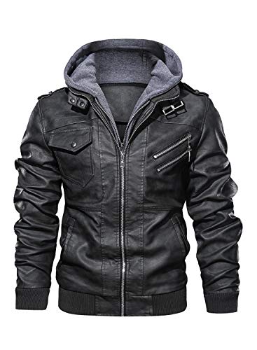Apparel-Men’s Casual Stand Collar Faux Leather Zip-Up Motorcycle Bomber Jacket With a Removable Hood